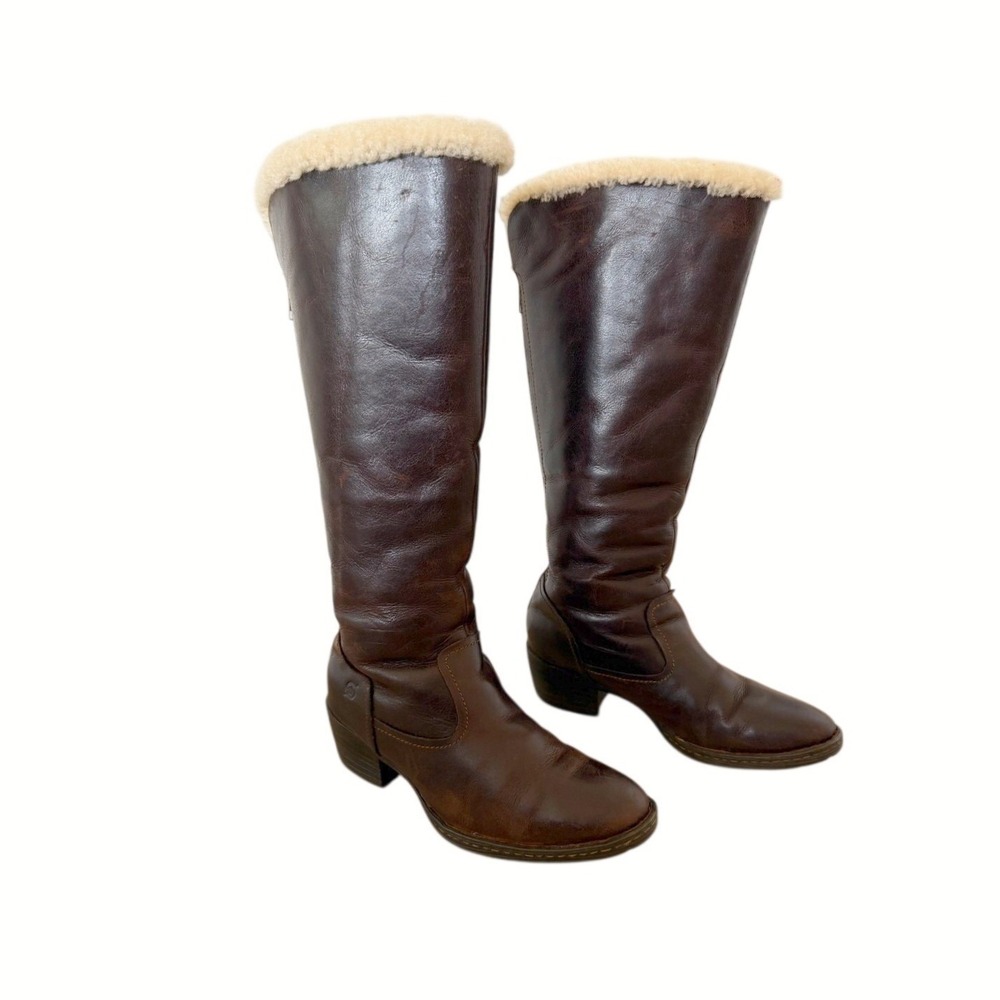 b.ø.c. Women's Brown Leather Shearling Lined Tall Boots Boho Rustic Fall US 7